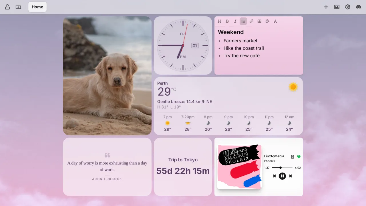 An everyday Tab Widgets dashboard in a pastel theme on a pink sky, with a photo of a dog on the beach, a clock, a weekend sticky note, weather, a quote, a trip countdown and Spotify.