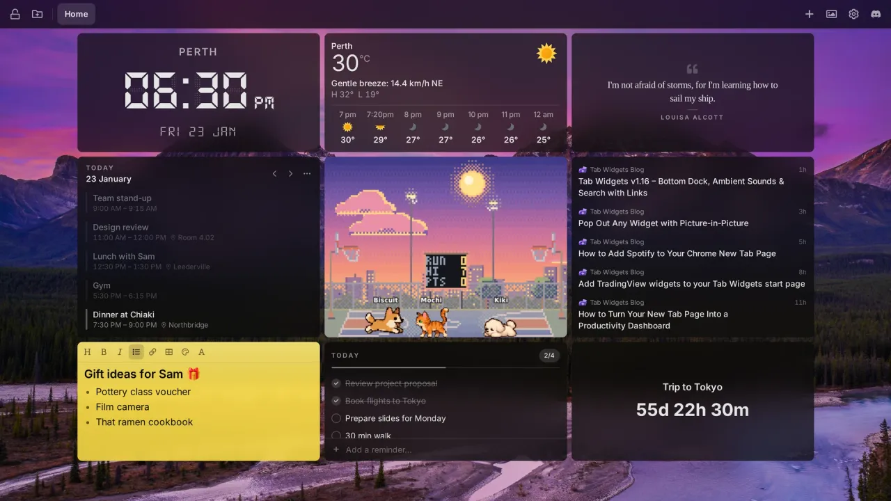 A Tab Widgets new tab dashboard on a mountain sunset wallpaper, with a digital clock, weather, a daily quote, Google Calendar events, pixel pets on a basketball court, an RSS news feed, a sticky note, a to-do list and a countdown to a trip.