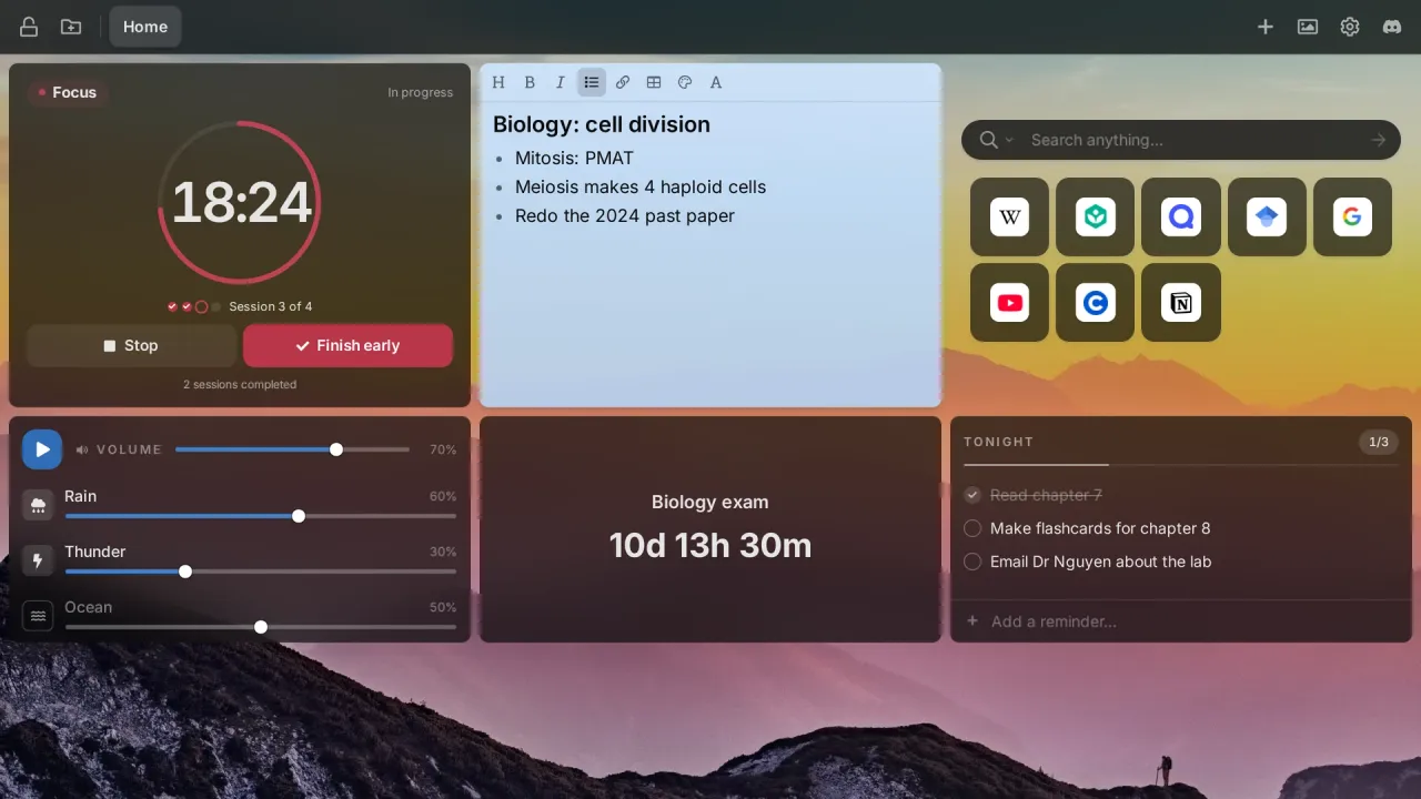 A study Tab Widgets dashboard on a mountain sunset, with a Pomodoro timer in a focus session, rain and thunder ambient sounds, revision notes, a countdown to an exam, course links and a to-do list.