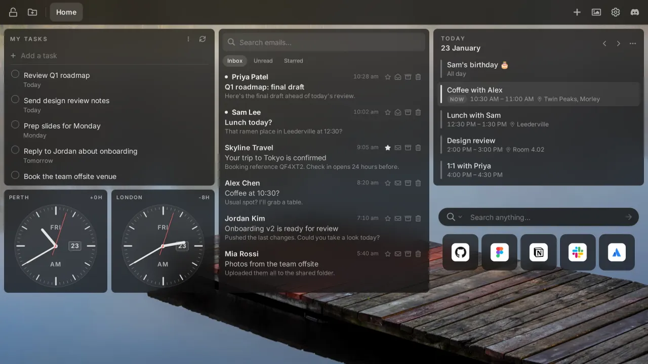 A work Tab Widgets dashboard with Google Tasks, world clocks for Perth and London showing the time difference, a Gmail inbox, a calendar and quick links to work tools.